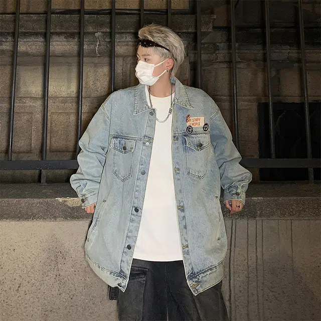 木林森 美式街头国潮复古高级感徽章宽松工装牛仔外套 男女同款