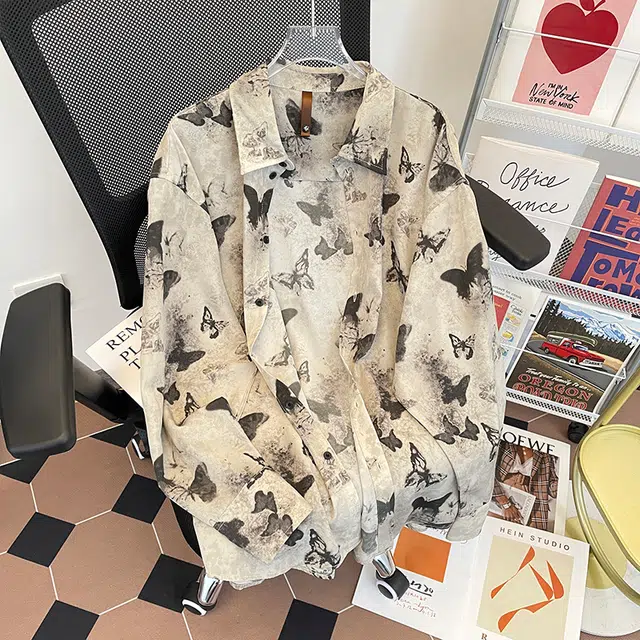 木林森 美式流苏蝴蝶设计感翻领高街时尚潮流百搭宽松简约休闲长袖衬衫 男女同款