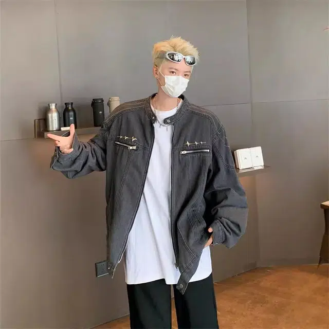 木林森 美式高街复古水洗拼接拉链设计高级感潮牌垫肩立领宽松直筒牛仔外套 男女同款