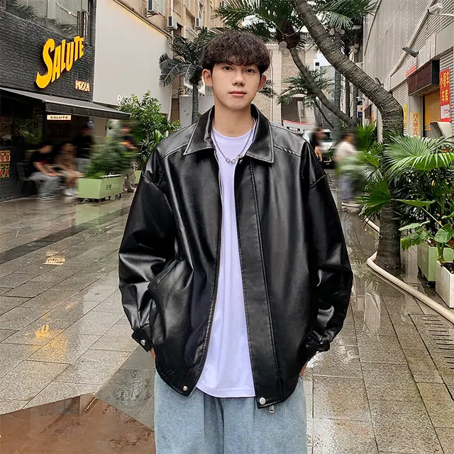 木林森 复古纯色高街潮牌重磅防水翻领落肩宽松保暖百搭休闲飞行员教练皮衣 男女同款