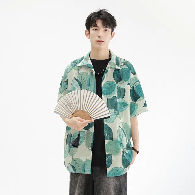 木林森 树叶满印透气宽松翻领短袖衬衫 男女同款 绿色
