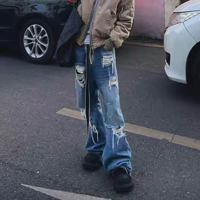 木林森 美式高街复古水洗宽松直筒破洞潮牌设计感时尚透气亲肤痞帅街头百搭潮流拖地牛仔裤 男女同款