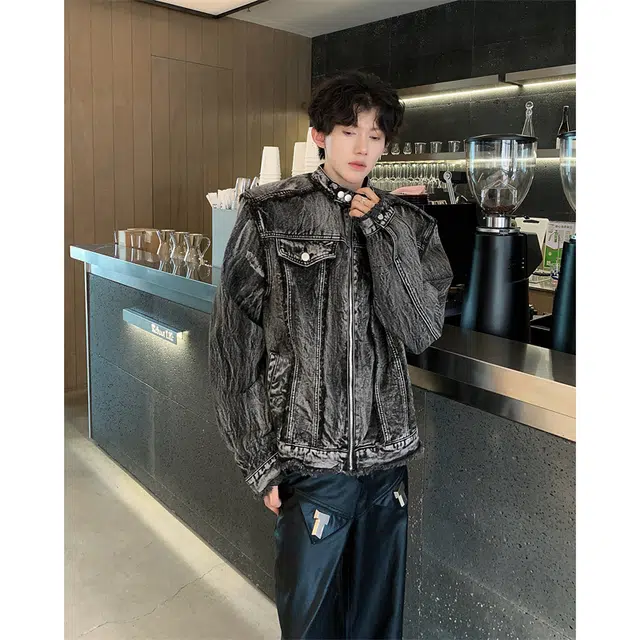 木林森 美式高街扎染复古个性高级感垫肩水洗做旧短款立领夹克时尚毛边设计牛仔外套 男女同款