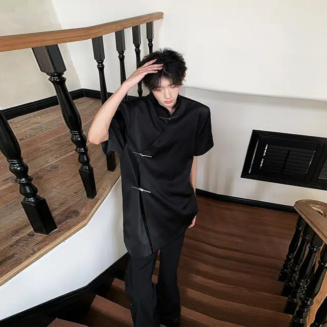木林森 新中式个性金属盘扣简约纯色百搭宽松立领短袖衬衫 男女同款