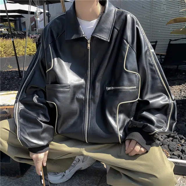 木林森 美式高街潮牌复古机车外套飞行员夹克街头宽松翻领休闲皮衣 男女同款