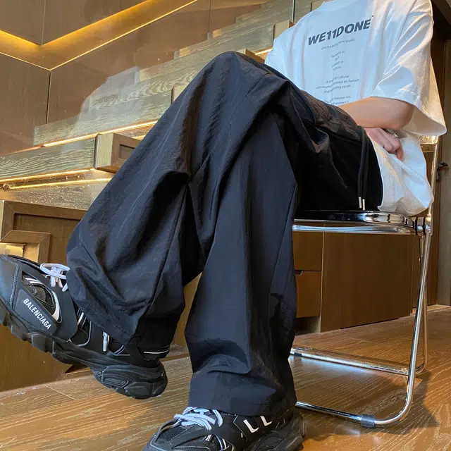 木林森 美式高街复古廊形弯刀阔腿时尚潮流设计感简约褶皱宽松直筒嘻哈街头日常户外通勤个性痞帅百搭系带休闲裤 男女同款