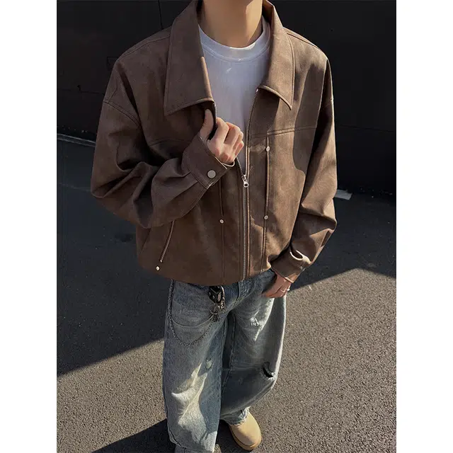 木林森 美式高街风重磅潮牌机车风宽松复古翻领无性别主义皮衣 男女同款