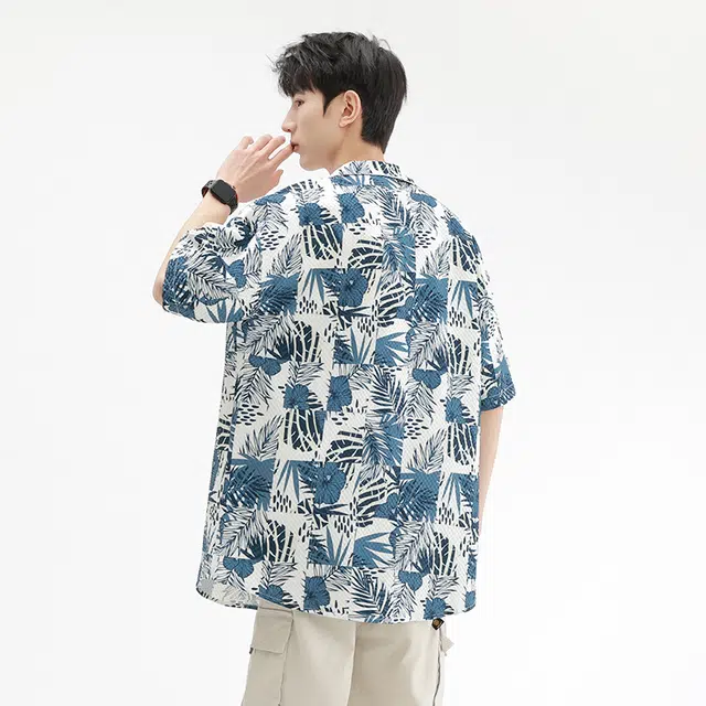 木林森 夏威夷度假风花卉满印宽松短袖衬衫 男女同款 蓝色