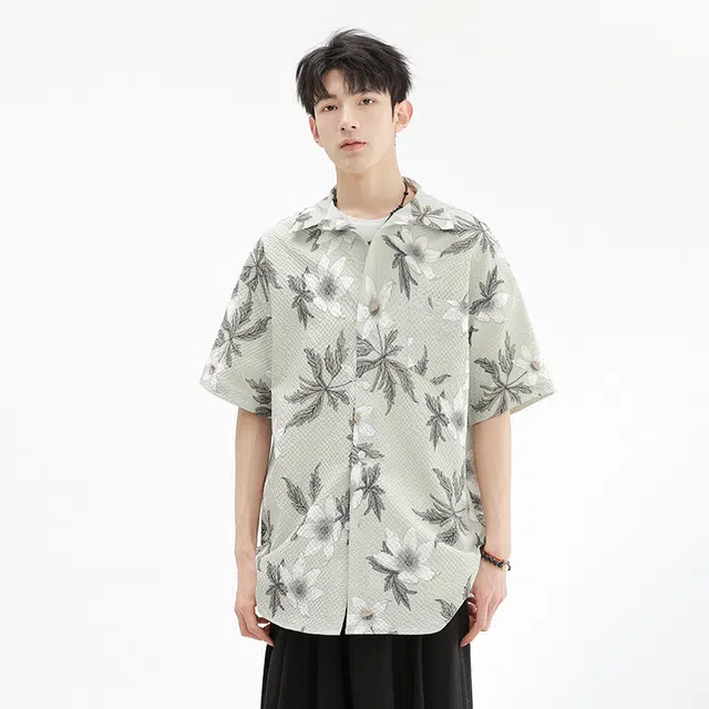 木林森 风花卉满印夏日沙滩度假风短袖衬衫 男女同款 绿色
