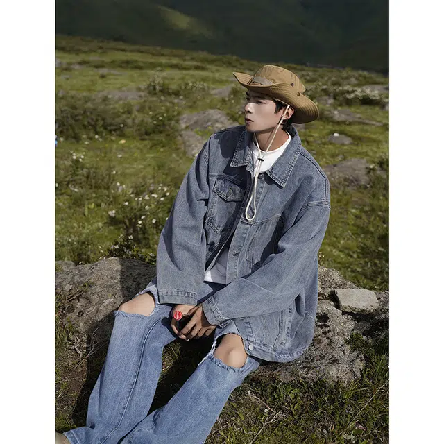 木林森 美式复古高街水洗做旧拼接解构时尚潮牌痞帅拉链设计感休闲百搭牛仔外套 男女同款