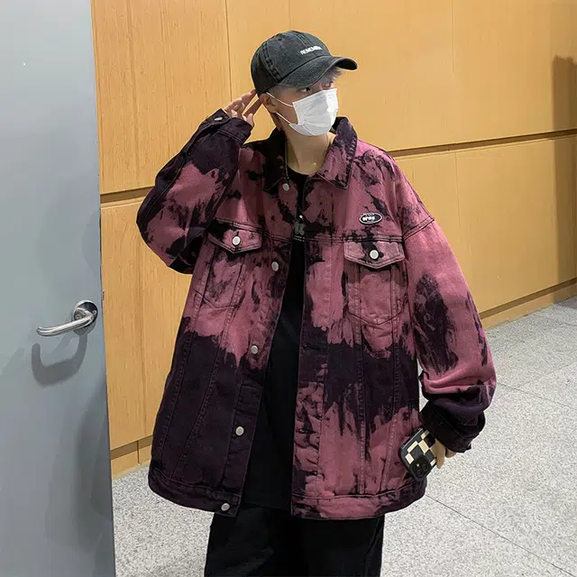 木林森 美式复古扎染小众设计潮牌高街痞帅翻领宽松休闲牛仔外套 男女同款