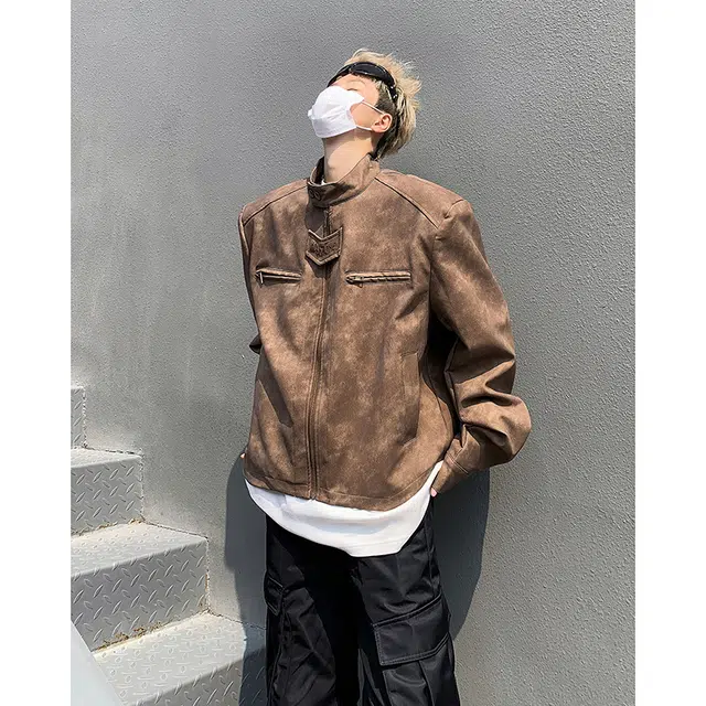 木林森 美式高街潮牌复古做旧机车服外套小众设计感短款垫肩时尚百搭潮流休闲夹克衫皮衣 男女同款