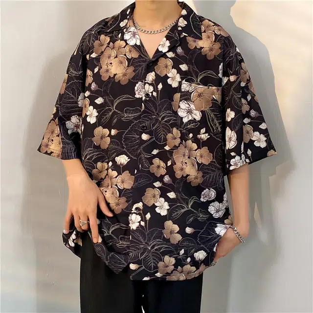 木林森 植物花卉满印宽松休闲翻领纽扣短袖衬衫 男女同款 黑色