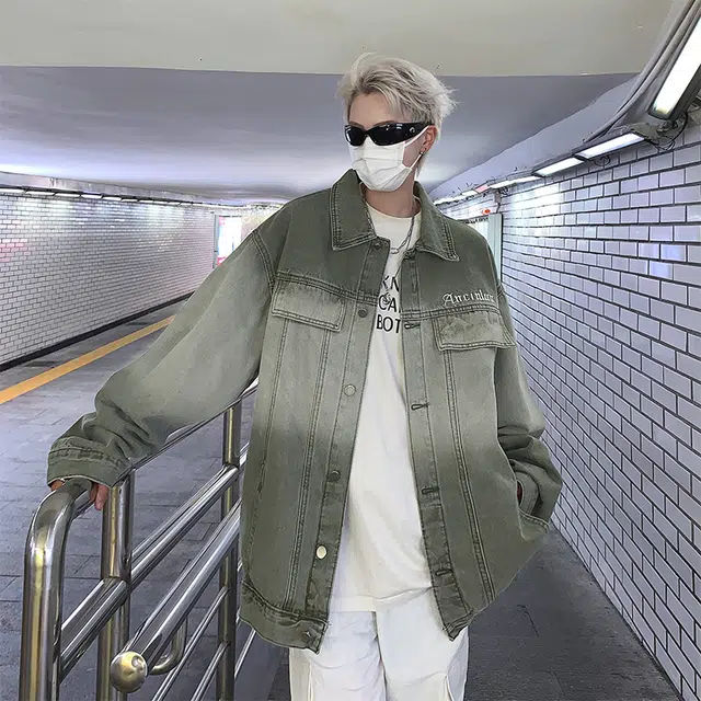 木林森 美式复古扎染小众设计潮牌高街痞帅翻领宽松休闲牛仔外套 男女同款