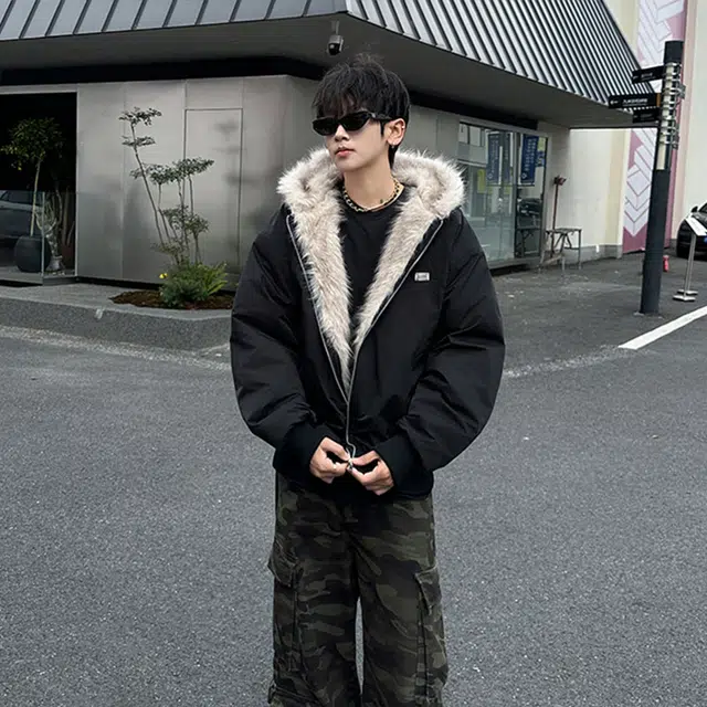 木林森 美式高街潮流座山雕复古外套冬季夹棉加绒水洗厚毛领连帽短款棉服 男女同款