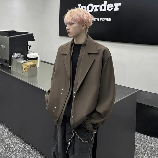 木林森 高街潮牌美式翻领宽松假两件机能休闲纯色防风夹克 男女同款