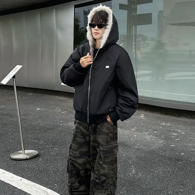 木林森 美式高街潮流座山雕复古外套冬季夹棉加绒水洗厚毛领连帽短款棉服 男女同款