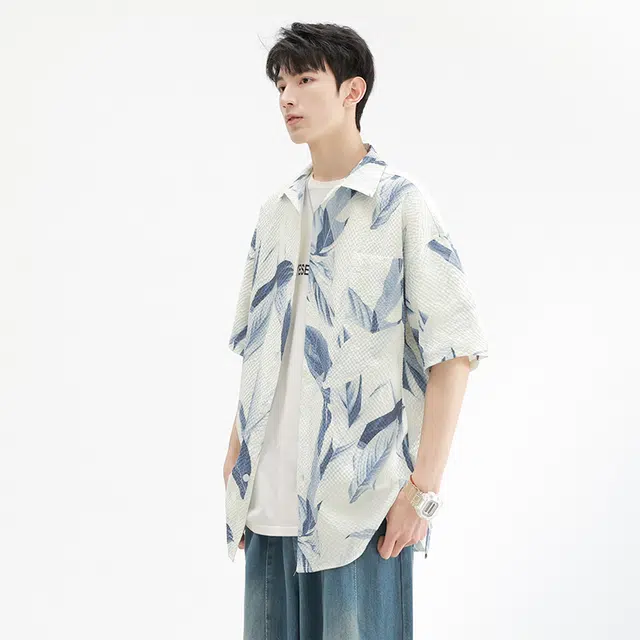 木林森 夏威夷度假风花满印百搭宽松休闲短袖衬衫 男女同款 蓝色