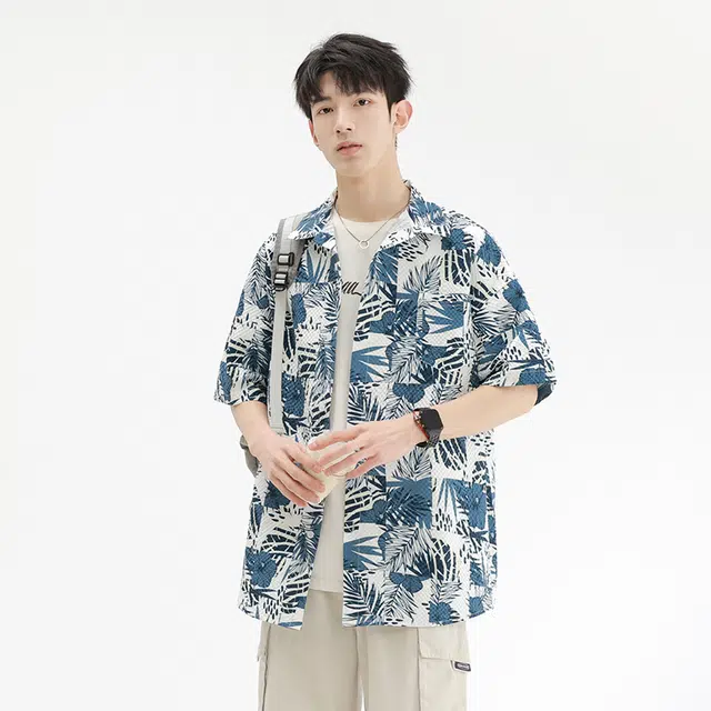 木林森 夏威夷度假风花卉满印宽松短袖衬衫 男女同款 蓝色