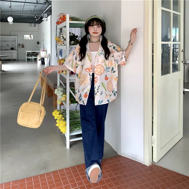 木林森 夏威夷沙滩度假风水果满印短袖衬衫 男女同款 米色