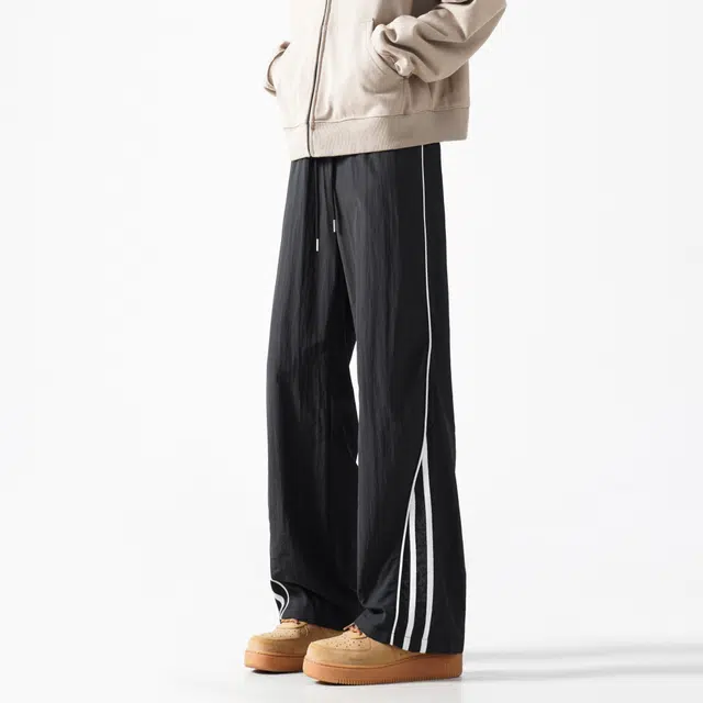 木林森 美式高街阔腿时尚潮流设计感宽松直筒条纹简约速干裤嘻哈街头日常户外通勤个性痞帅系带抽绳百搭休闲裤 男女同款