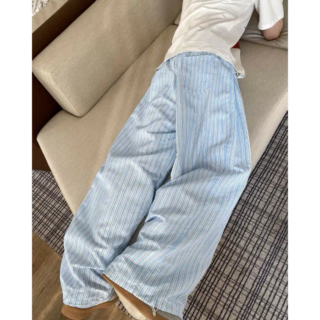 木林森 美式高街复古廊形弯刀阔腿时尚潮流设计感宽松直筒嘻哈街头日常户外通勤个性痞帅百搭条纹休闲裤 男女同款