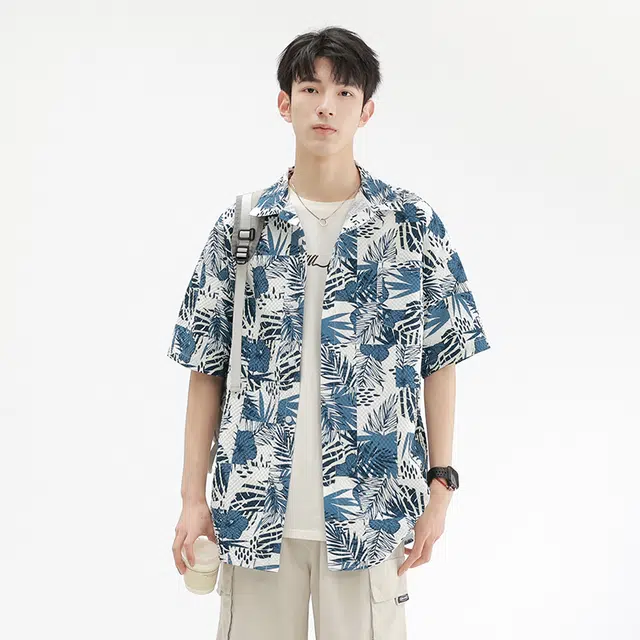 木林森 夏威夷度假风花卉满印宽松短袖衬衫 男女同款 蓝色