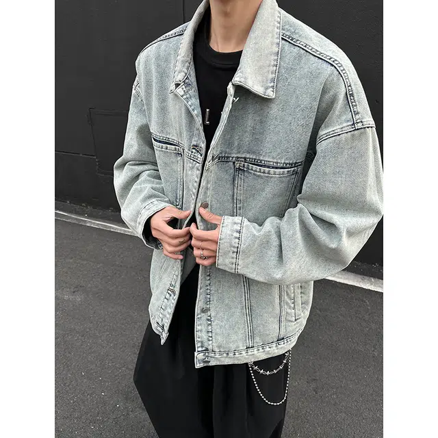 木林森 美式经典复古水洗做旧结构设计款潮流高街百搭品牌翻领宽松休闲牛仔外套 男女同款