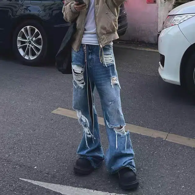 木林森 美式高街复古水洗宽松直筒破洞潮牌设计感时尚透气亲肤痞帅街头百搭潮流拖地牛仔裤 男女同款