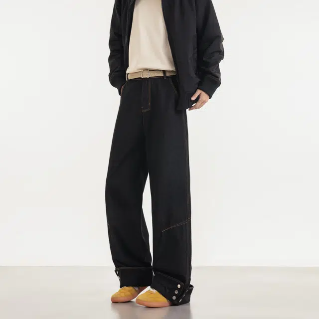 木林森 美式复古高街重磅直筒宽松结构设计款百搭舒适潮流休闲牛仔裤 男女同款