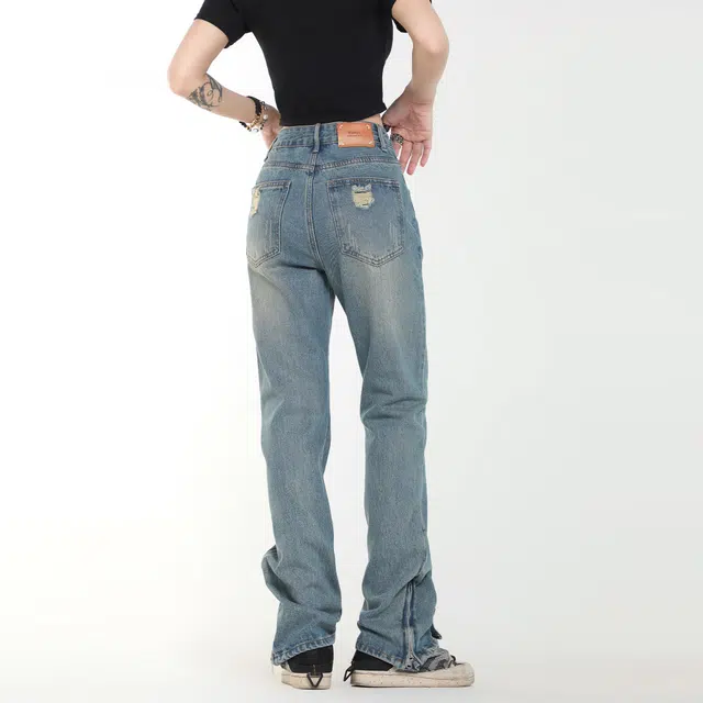 木林森 美式高街潮流设计百搭宽松休闲直筒牛仔裤 男女同款 蓝色