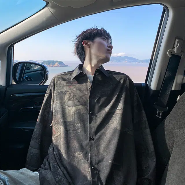 木林森 美式复古高街潮牌印花款潮流设计感翻领休闲时尚百搭长袖日常通勤上衣衬衫 男女同款