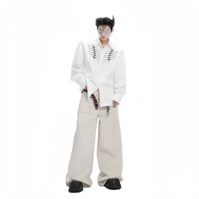 木林森 重工刺绣高级肌理感钉珠脊骨铆钉长袖翻领宽松衬衫 男女同款