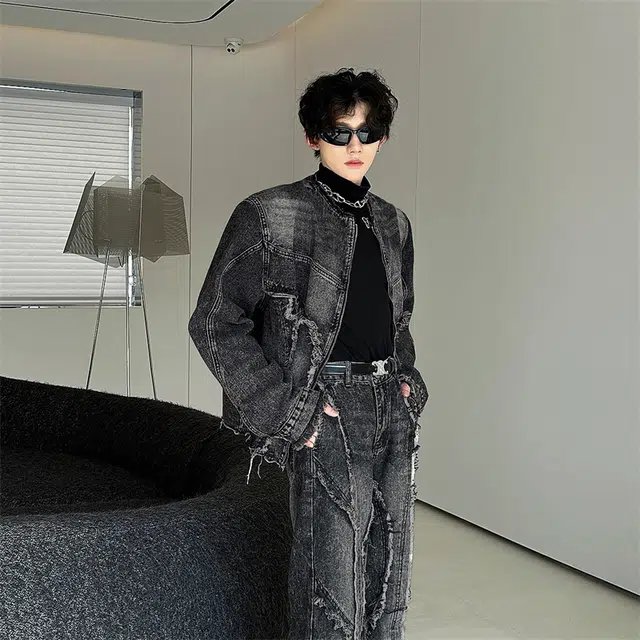 木林森 美式高街重磅复古做旧结构设计感潮牌小众水洗重工毛边夹克男痞帅宽松牛仔外套 男女同款