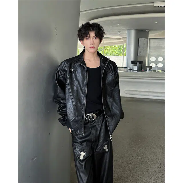 木林森 美式复古夹棉加厚机车服拼接结构设计款小众高级感痞帅短款宽松外套皮衣 男女同款