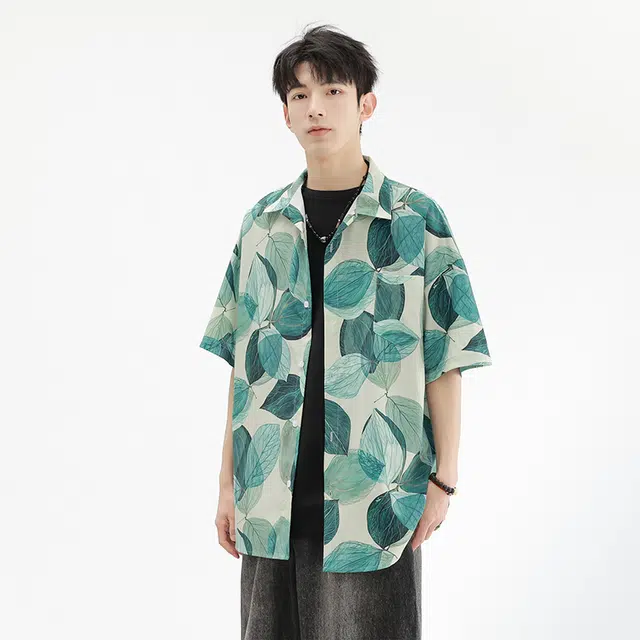 木林森 树叶满印透气宽松翻领短袖衬衫 男女同款 绿色