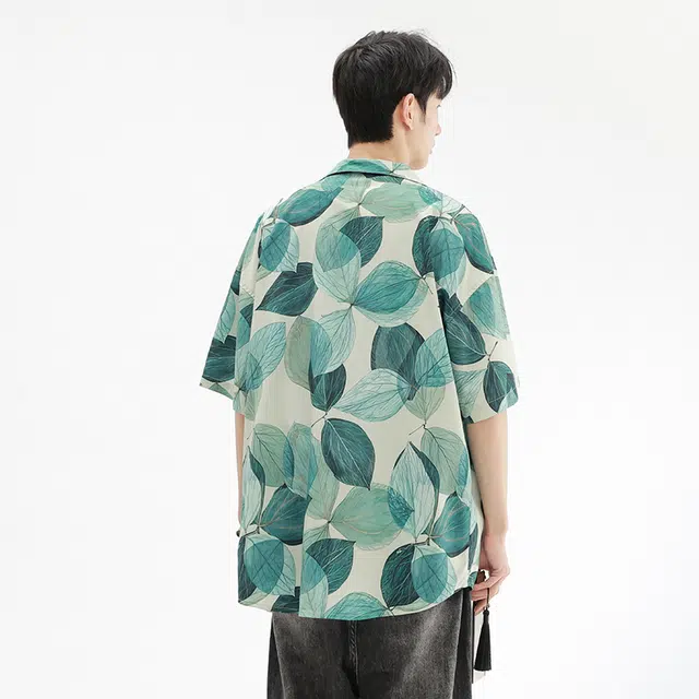 木林森 树叶满印透气宽松翻领短袖衬衫 男女同款 绿色