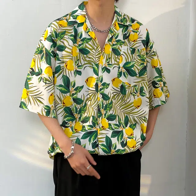 木林森 夏威夷度假风植物花卉满印宽松短袖衬衫 男女同款 白色