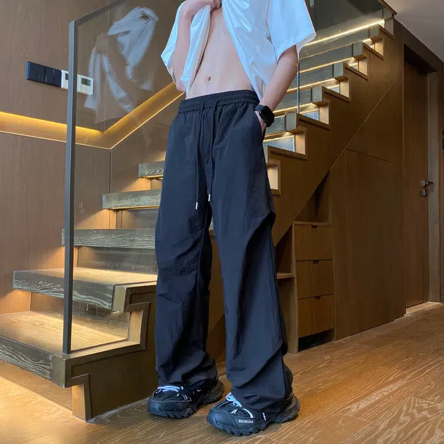 木林森 美式高街复古廊形弯刀阔腿时尚潮流设计感简约褶皱宽松直筒嘻哈街头日常户外通勤个性痞帅百搭系带休闲裤 男女同款