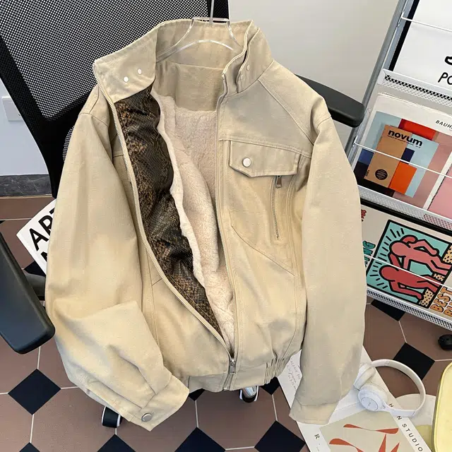 木林森 美式复古工装座山蛇皮蟒纹外套冬季加绒加厚雕飞行员夹克棉服 男女同款