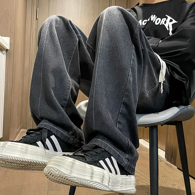 木林森 美式高街重磅废土复古水洗做旧拼接基础款直筒百搭长裤简约舒适宽松休闲通勤牛仔裤 男女同款