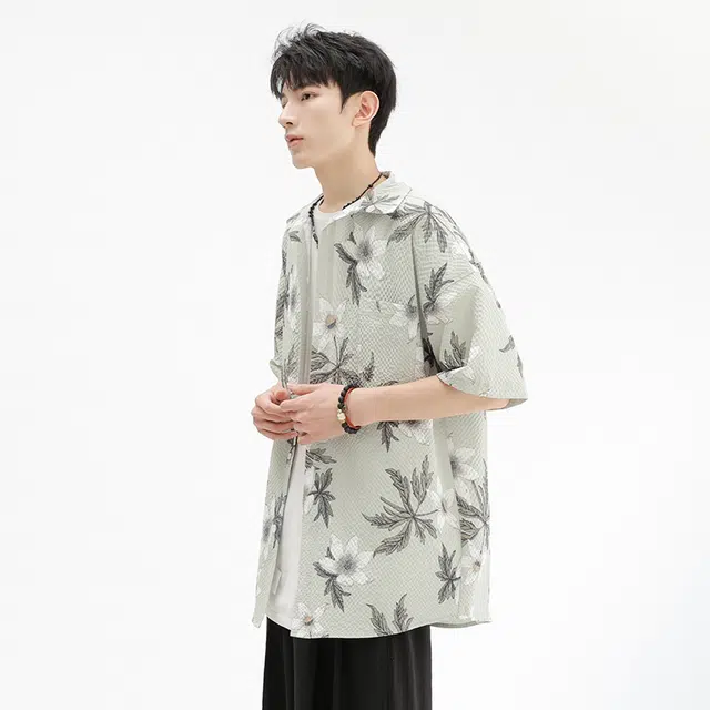 木林森 风花卉满印夏日沙滩度假风短袖衬衫 男女同款 绿色