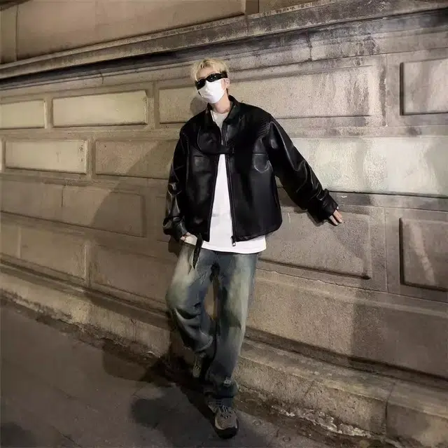 木林森 美式高街复古机车痞帅高级感百搭宽松夹克外套 男女同款 黑色