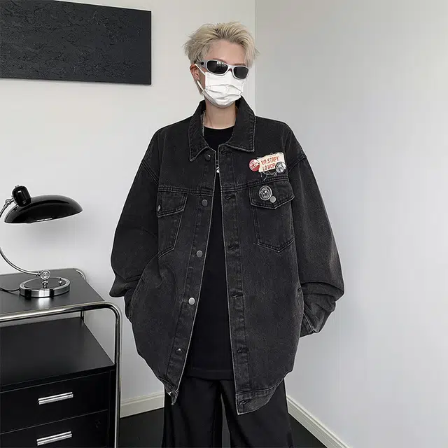 木林森 美式街头国潮复古高级感徽章宽松工装牛仔外套 男女同款