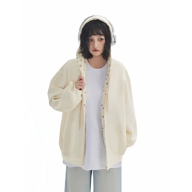 木林森 美式高街潮牌休闲情侣款甜美碎花通用简约时尚百搭宽松重磅连帽卫衣 男女同款