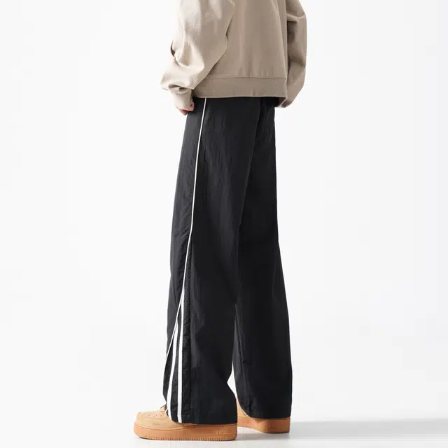 木林森 美式高街阔腿时尚潮流设计感宽松直筒条纹简约速干裤嘻哈街头日常户外通勤个性痞帅系带抽绳百搭休闲裤 男女同款