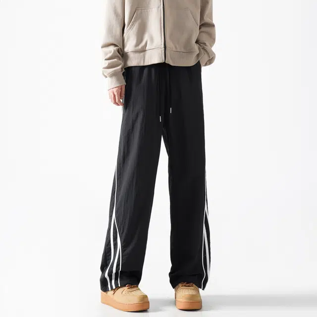 木林森 美式高街阔腿时尚潮流设计感宽松直筒条纹简约速干裤嘻哈街头日常户外通勤个性痞帅系带抽绳百搭休闲裤 男女同款