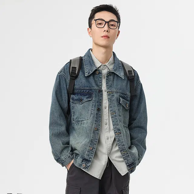独驰 美式复古休闲夹克宽松做旧牛仔外套 男女同款