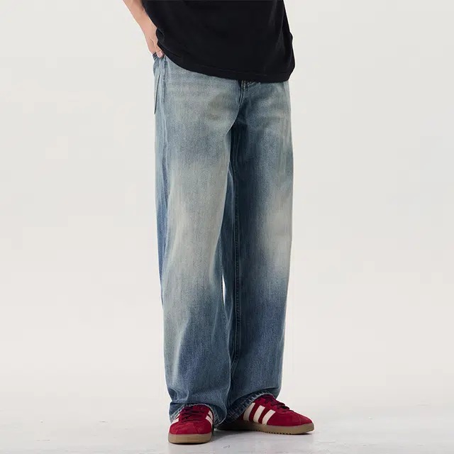 独驰 男款春秋季水洗做旧阔腿裤高街直筒休闲长裤牛仔裤 男女同款