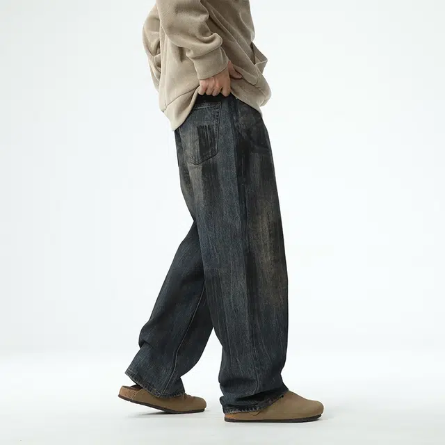 独驰 美式复古水洗裤子秋季潮牌宽松休闲直筒阔腿裤百搭牛仔裤 男女同款
